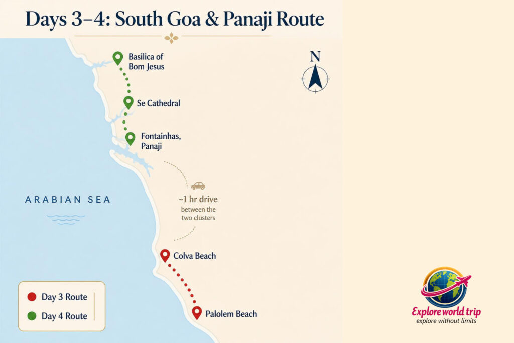 South Goa and Panaji route map for a 4-day Goa itinerary showing Colva Beach, Palolem Beach, Basilica of Bom Jesus, Se Cathedral, and Fontainhas.