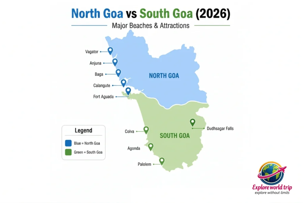 North Goa vs South Goa map showing major beaches and attractions in Goa