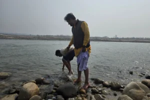 The calm atmosphere at Vivekanand Ghat along the Ganga.